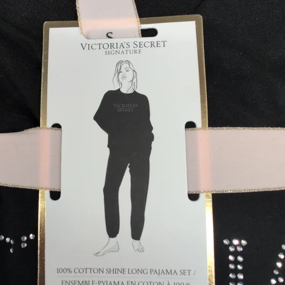 Victoria Secret 100% Cotton Shine Long Pajama Set Small Black W Bling Patch - Picture 10 of 11